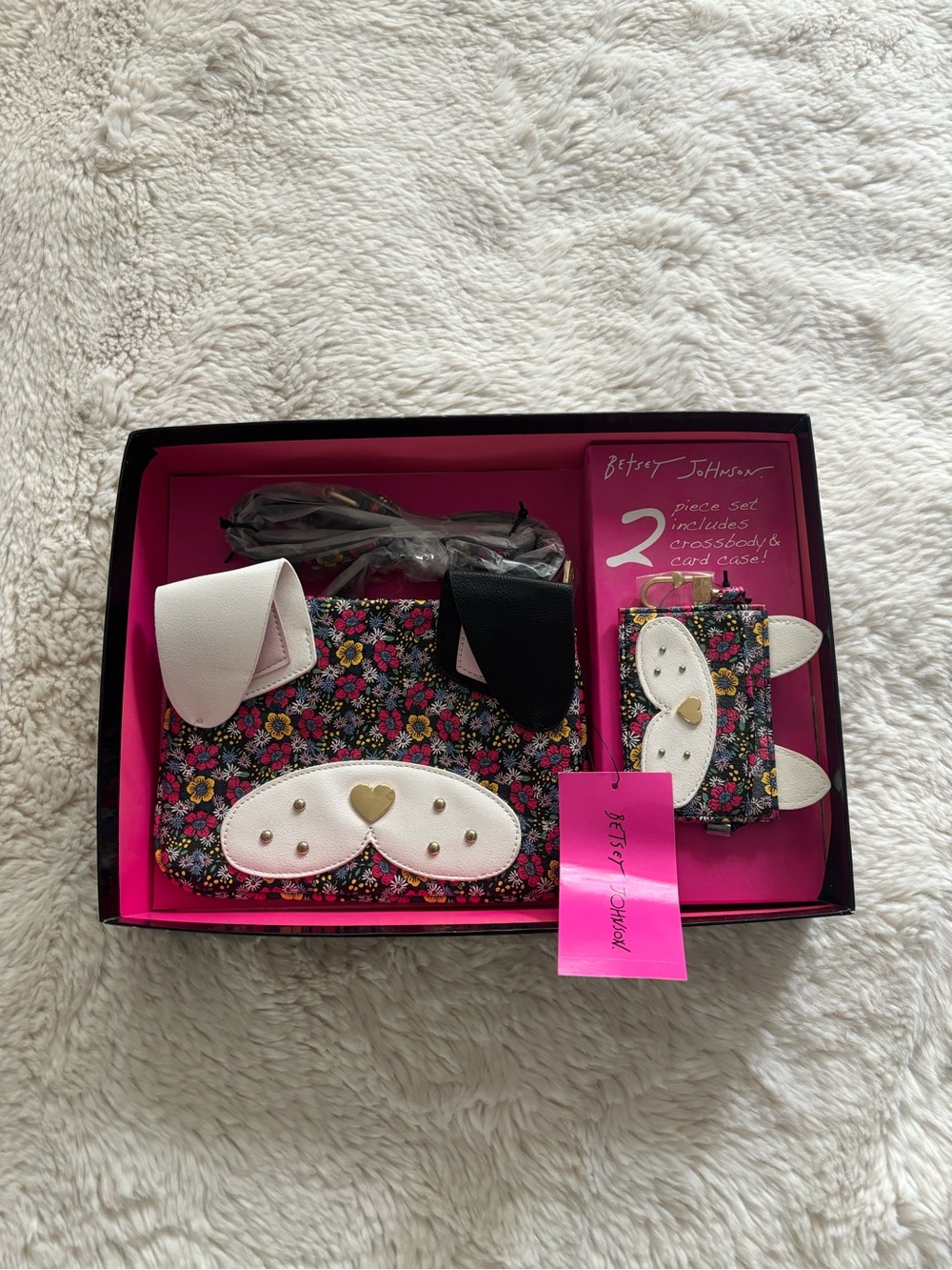 NWT Betsey Johnson Floral French Bulldog Crossbody and Card Case Set